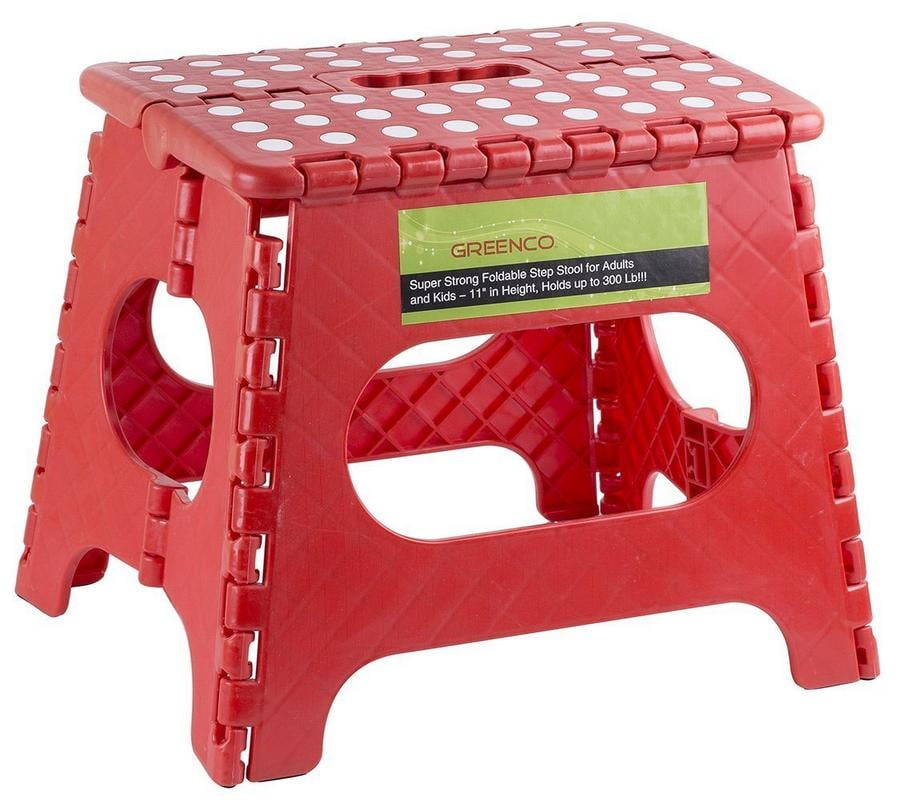 11 Height Skid resistant and open with one flip Holds up to 300 Lb The lightweight foldable step stool is sturdy enough to support adults & safe enough for kids Super Strong Folding Step Stool