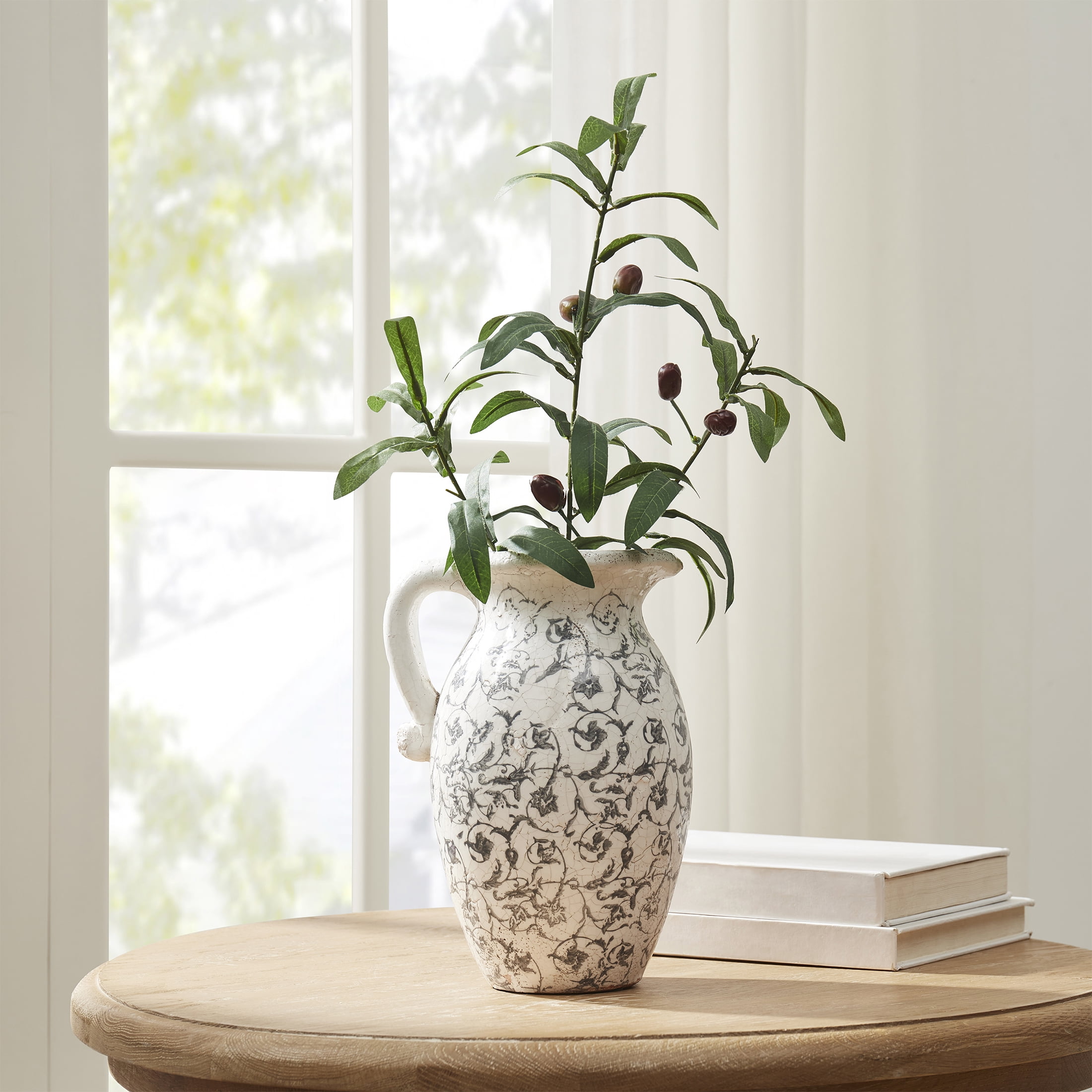 My Texas House 9" Ivory Scroll Pattern Ceramic Pitcher Vase