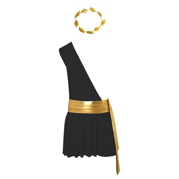 iiniim Mens One Shoulder Metallic Ruched Belted Dresses with Headwear Ancient Greek Cosplay Halloween Black XL