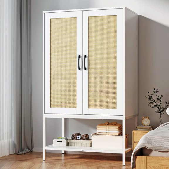55.1"H Boho Armoire Modern Wardrobe Closet,2 Rattan Doors & Hanging Rod Wardrobe,Freestanding MDF Armoire for Bedroom Storage,Living Room,Bathroom,White