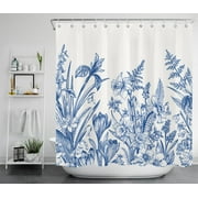 HVEST Floral Shower Curtain Blue Botanical Watercolor Floral Plant Leaves 70x69 Inch Bath Curtain with White Backdrop with 12 Hooks, Waterproof Polyester Fabric Modern Farmhouse Bathroom Decor