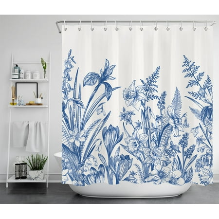 HVEST Floral Shower Curtain Blue Botanical Watercolor Floral Plant Leaves 70x69 Inch Bath Curtain with White Backdrop with 12 Hooks, Waterproof Polyester Fabric Modern Farmhouse Bathroom Decor
