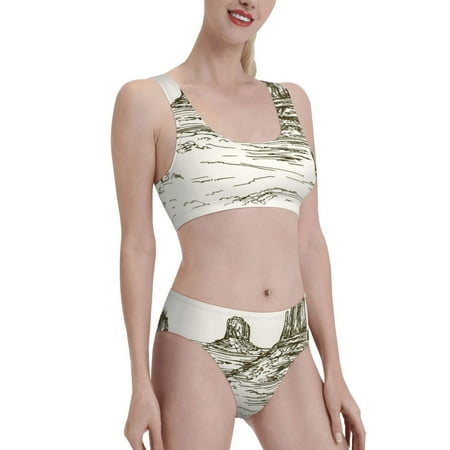 Uemuo Wild West Desert With Cowboy Printed Women s High Waisted Bikini Sets Sporty Two Piece Swimsuits Color Block Cheeky High Cut Bathing Suits-Large