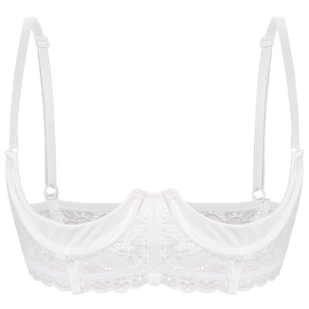 Jowowha Women's Sexy 1/4 Cup Lace Bra Balconette PVC Leather Bralette Underwired Push Up Bras White 5XL