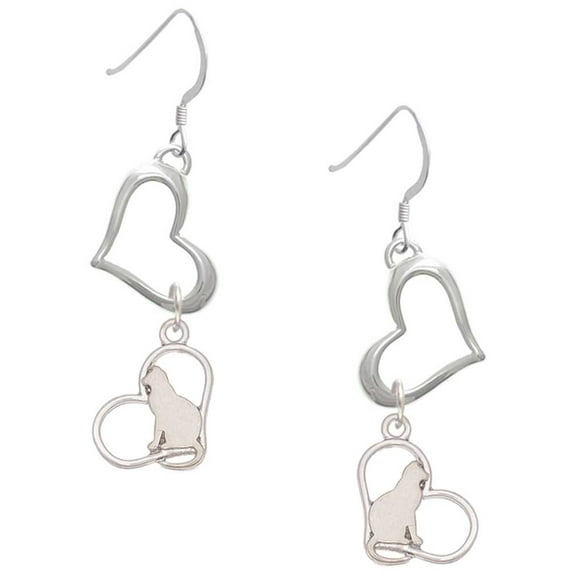 Delight Jewelry Silvertone Cat Silhouette Heart Open Heart French Earrings