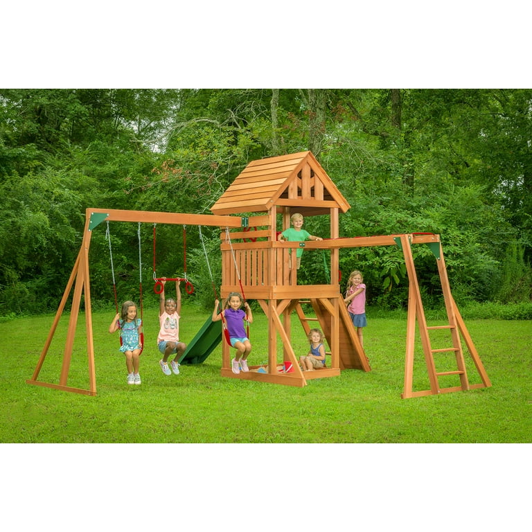 Mountain View Lodge Cedar Swingset with Roof, Monkey Bars