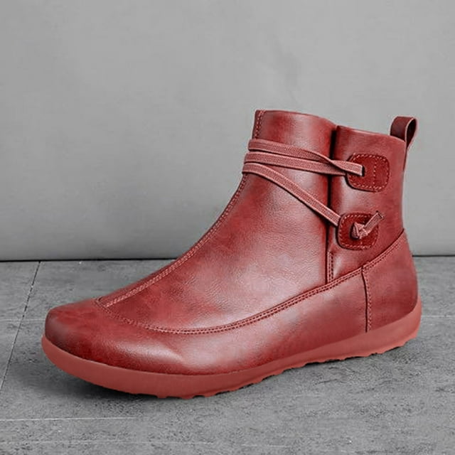 YOUSNH Bottes en Cuir Vintage pour Femmes, Chaussures Plates Imperméables, Bottes d'Hiver à Bout Rond, Bottines pour Femmes, Rouge 6