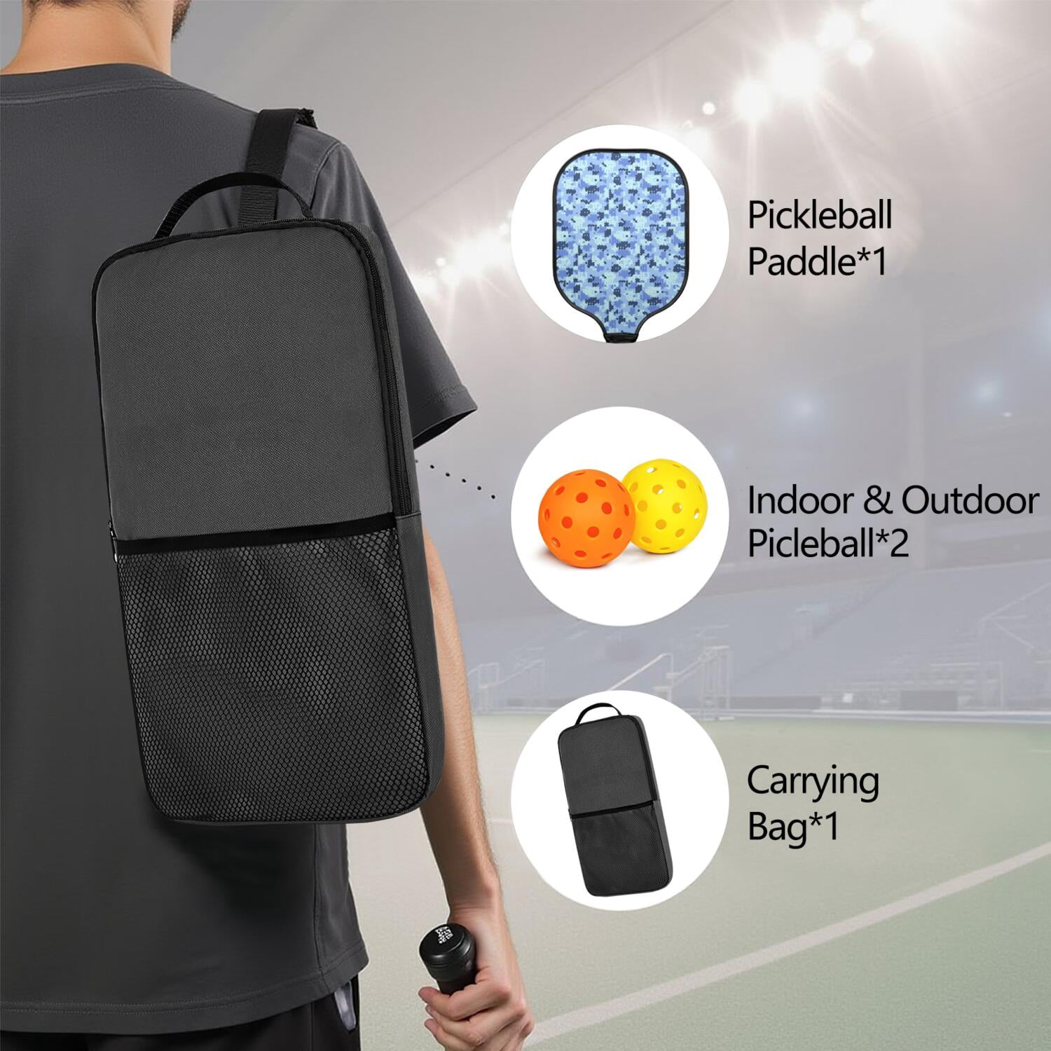 Pickleball Paddles Set Of 1, Fiberglass Surface, Camouflage Print, 1 Paddle, 2 Balls & Bag