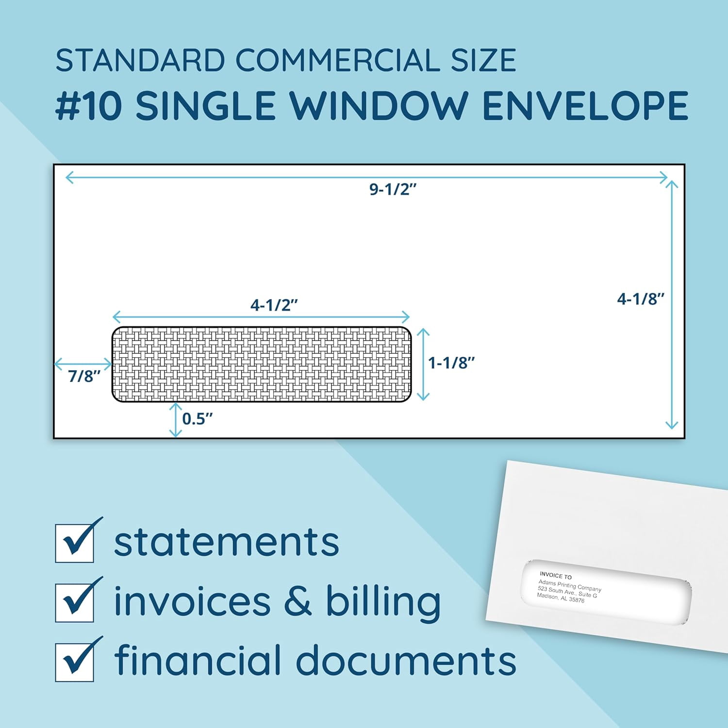 500 Number 10 Single Window Envelopes - Thick Gummed Seal - Designed for Secure Mailing of Quickbooks Checks, Invoices, Business Statements, Personal Letters - 4 1/8 x 9 1/2