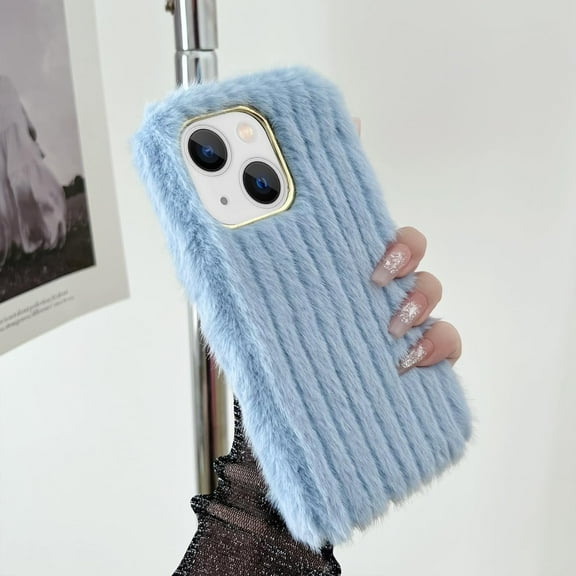 Compatible with iPhone 15 Plush Case Stripe Pattern Fluffy Fuzzy Furry Warm Plush Phone Case Girly Women Girls Smooth Cozy Winter Soft TPU Warm Hair Fur Shockproof Phone Cover, Blue