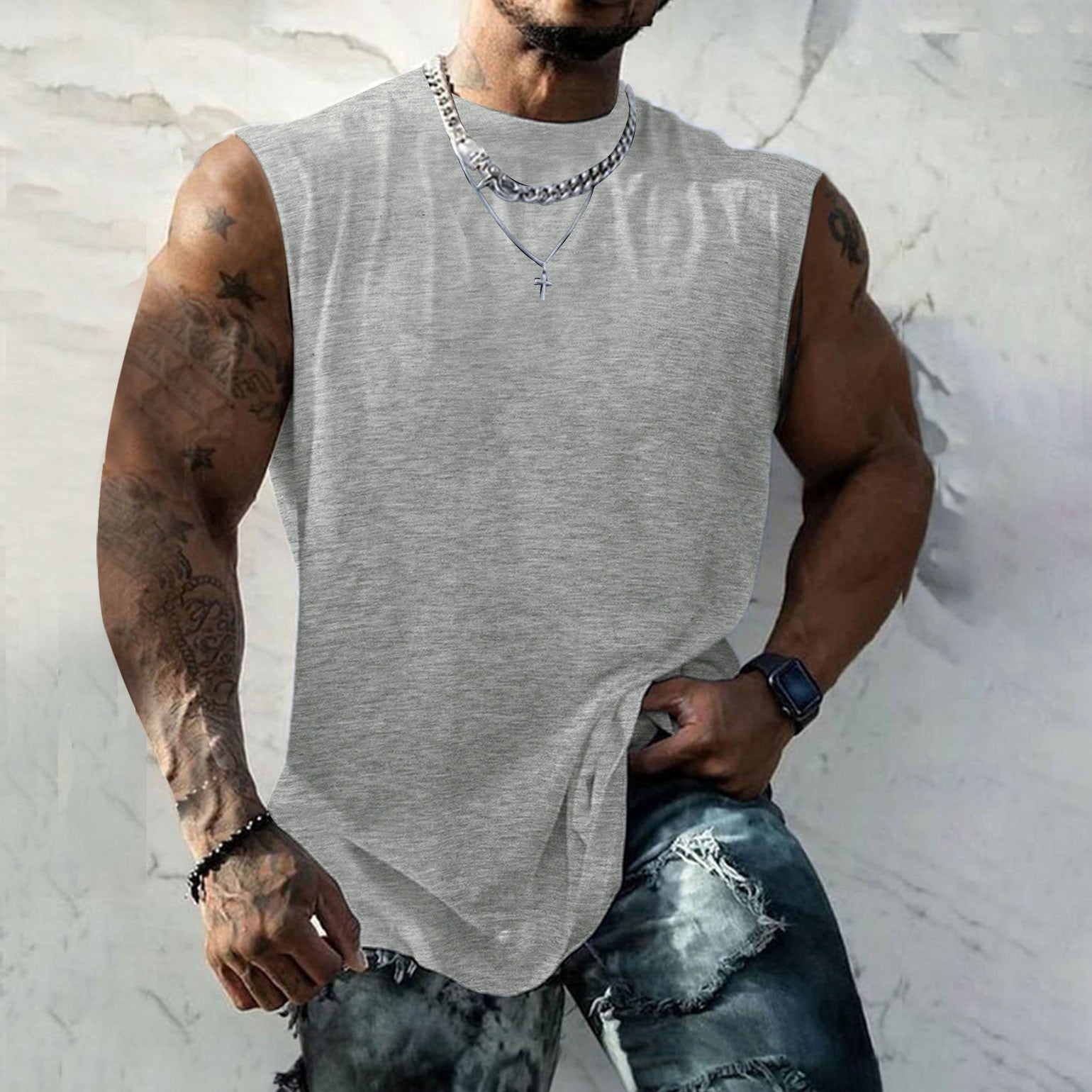 PMVFHDE Men's Sleeveless Shirt Summer Fitness Broad Shoulder Casual Loose Running Vest for Sports Gym Training