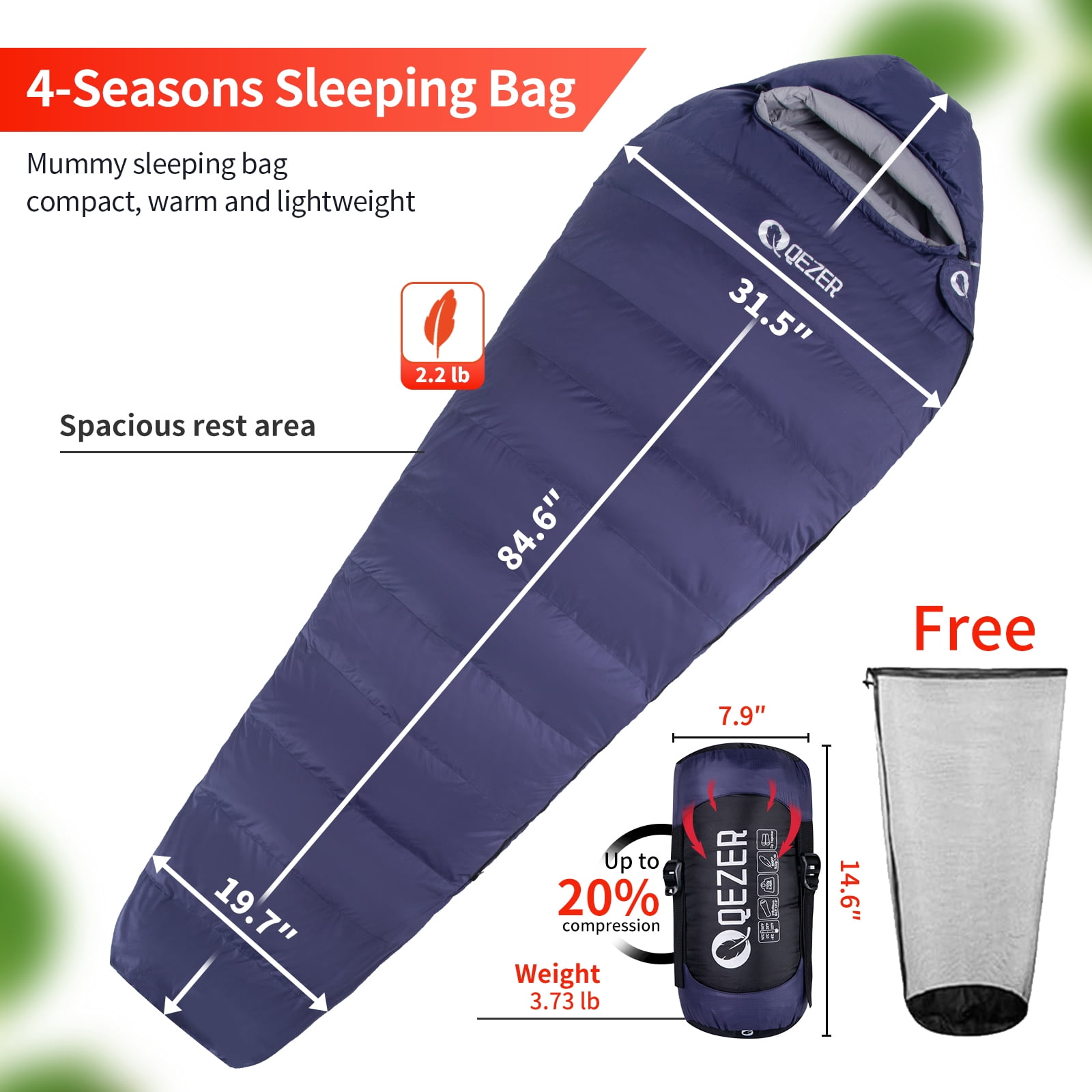 QEZER 4 Season Mummy Down Sleeping Bag Ultralight Warm for Camping, Hiking, Trekking