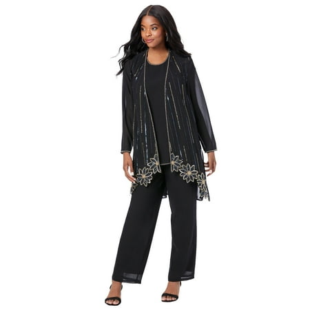 Roaman's Women's Plus Size Plus-Size Long Sleeve Floral Beaded Georgette Three-Piece Pant Set