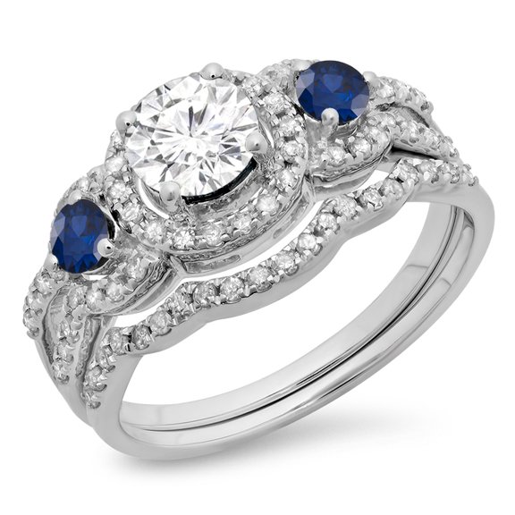 Dazzlingrock Collection 14K Blue Sapphire & White Diamond Ladies 3 Stone Halo Bridal Engagement Ring Set, White Gold, Size 4.5