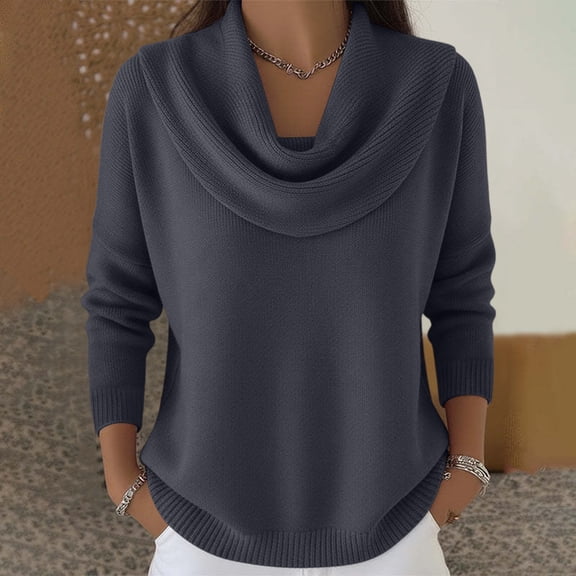 Dwralegc Elegant Holiday Sweaters for Women Trendy Solid Color Long Sleeve Knit Clothes Cowl Neck Pullover Jumper Cozy Fall Winter Sweaters Dark Gray L