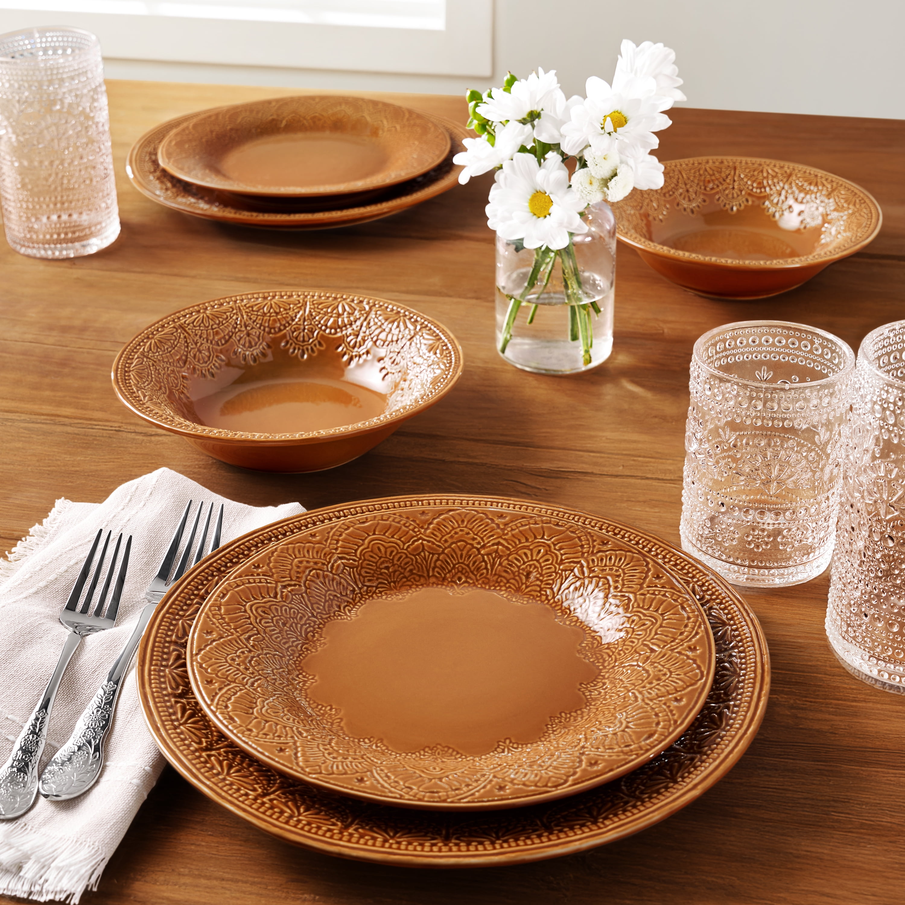 The Pioneer Woman Vintage Lace 12-Piece Ceramic Dinnerware Set, Caramel