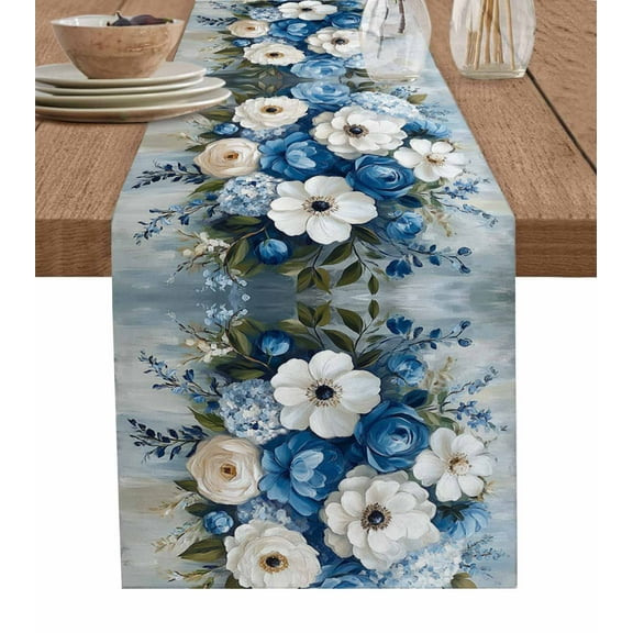 Hydrangeas Flower Table Runner Cotton Linen 120 Inch Holiday Dresser Scarves, Blue White Floral Country Oil Painting Tablerunner for Kitchen Coffee Dining Bedroom Dinner Scarf Décor 13''x120''