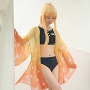 Miccostumes Women Two Piece Beach Swimsuit Anime Bathing Suit Lace Up Swimwear Set with Orange Sheer Kimono Haori Cover up, M