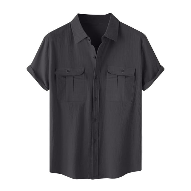 YanHoo Cotton Linen Shirts for Men Casual Loose Shirts Button Up Short Sleeve Beach Shirts