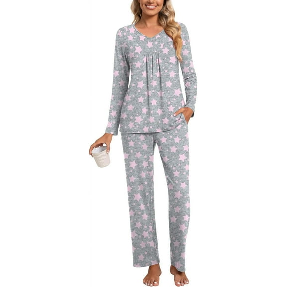 Womens Fall Pajama Sets Pleated Sleepwear Ladies Long Sleeve Nightwear Pants Pjs Lounge With Pockets[Z3524]
