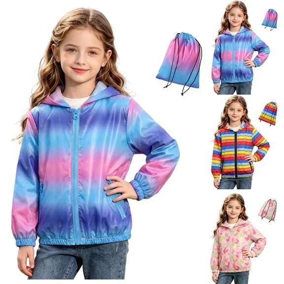 Afuyipoi Boys Girls Print Zip Up Hooded Lightweight Windbreaker Jacket Outdoor Travel Packable Size 3-12 Blue Size 5T