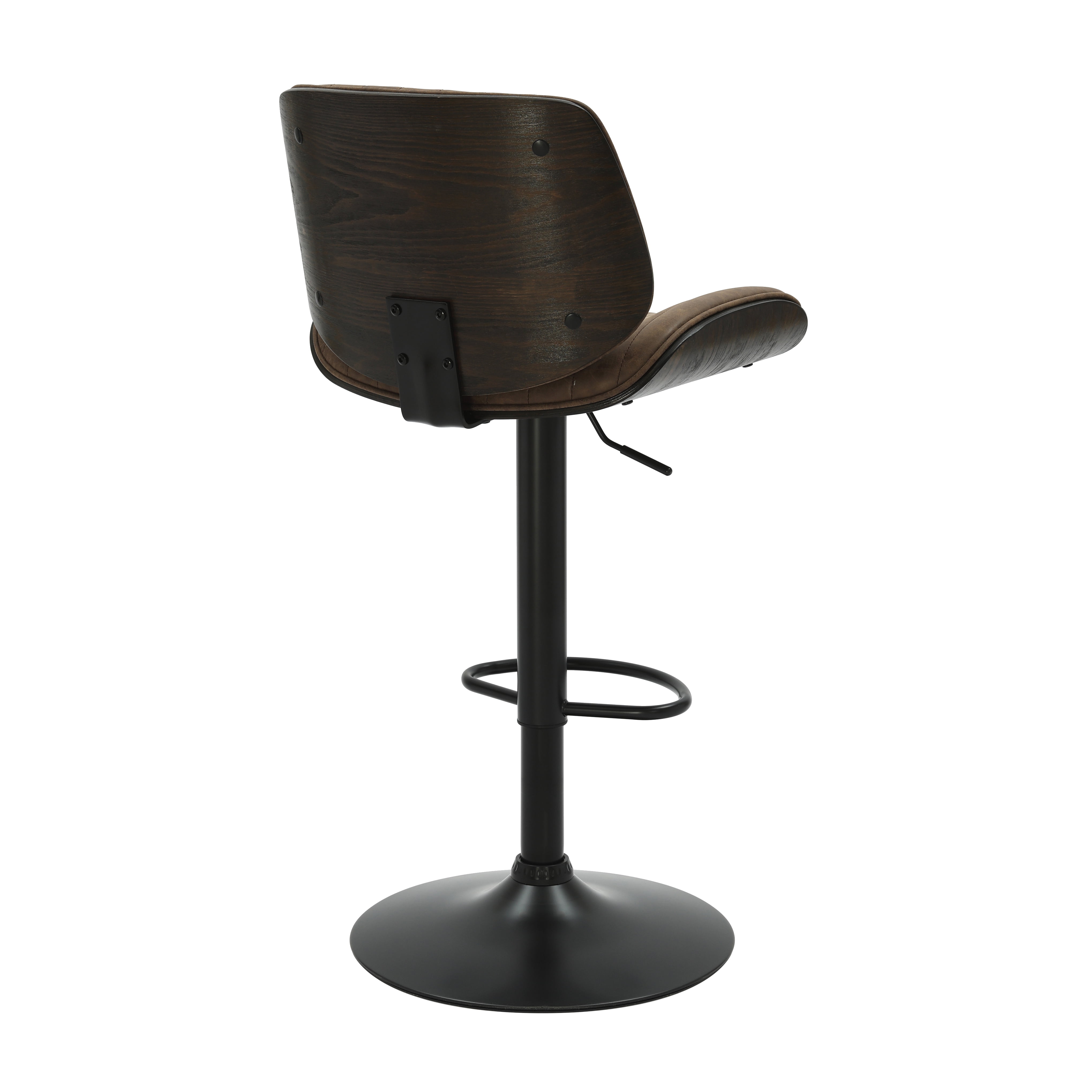 Brock Adjustable Swivel Vintage Dark Brown Curved Back Wood Bar Stool with Faux Leather Seat