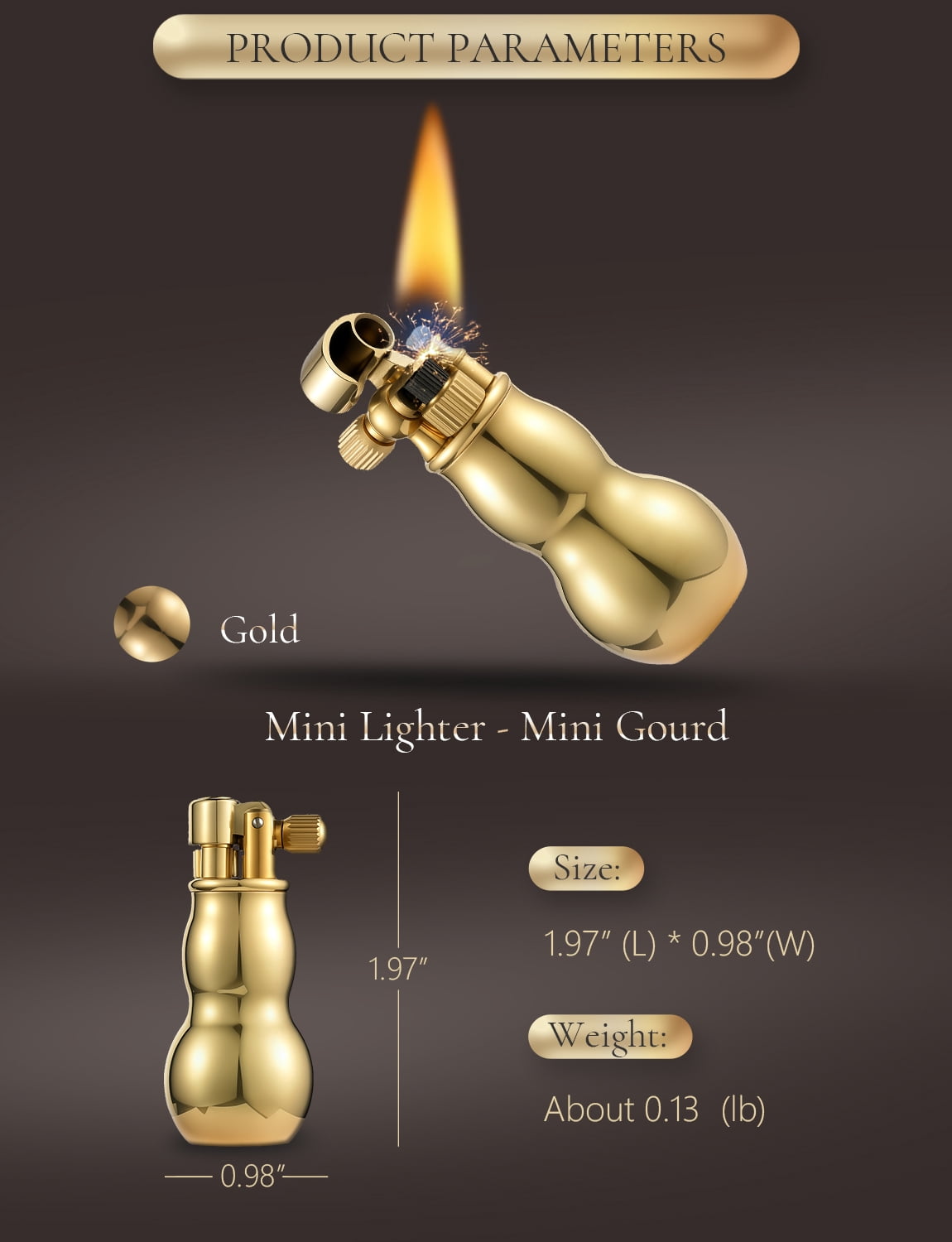 Swiss Vintage Mini Side-Slide Copper Kerosene Lighter,Refillable, Flip-Top, Grinding Wheel, Portable, Unique, Gift for Men, Thorens Gourd
