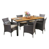 Santiago Outdoor 7 Piece Acacia Wood Dining Set with Wicker Chairs, Teak Finish