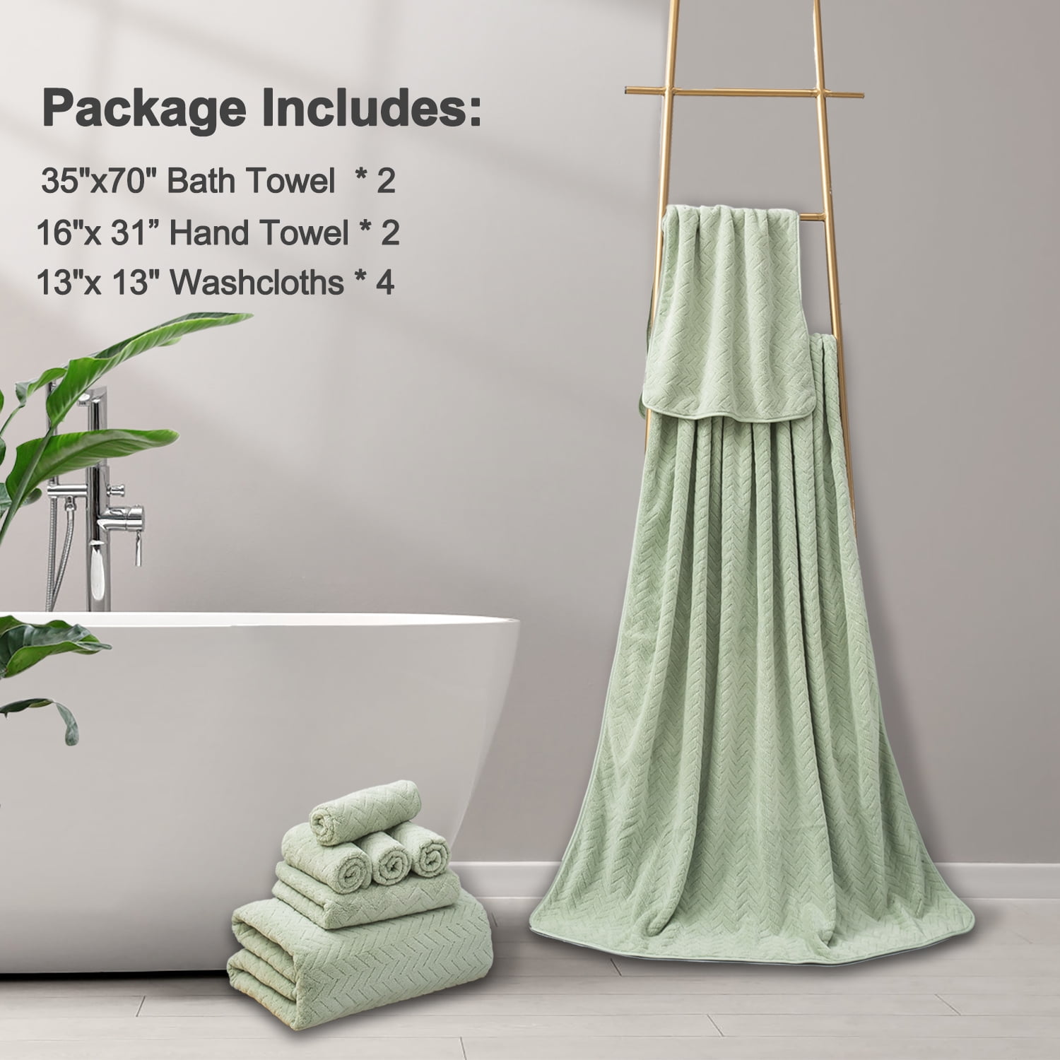 Covina Home 8-Pack Light Green Bath Towel Set, Oversized Ultra Soft Microfiber Bathroom Towel Set Adult Luxury Lightweight Cozy Collection