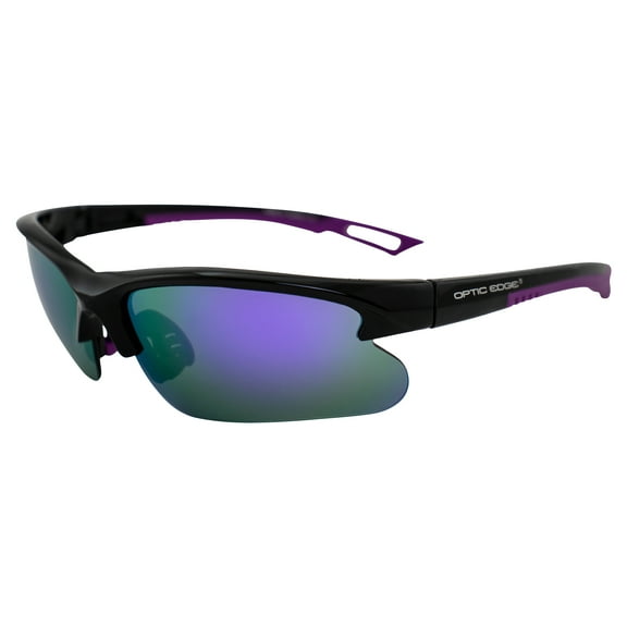 Cliff Weil Optic Edge Fireball Wraparound Sports & Motorcycle Sunglasses for Men or Women Semi-Rimless Gloss Black Frame w/Dielectric Purple Mirror Lens