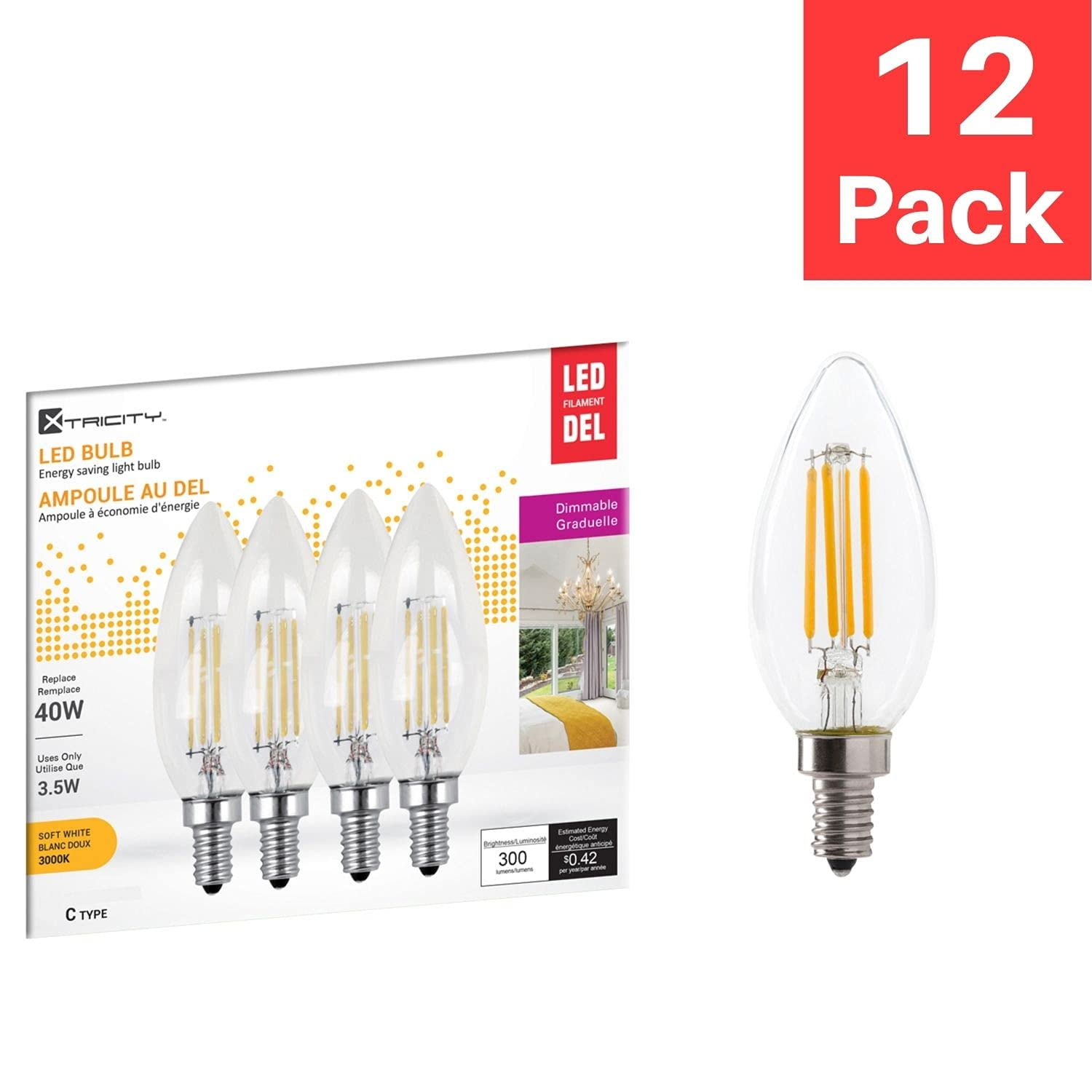 Xtricity B11 LED Filament Chandelier Light Bulbs, 3.5W (40W Eqv), Dimmable, E12 Candelabra (12 Pack)