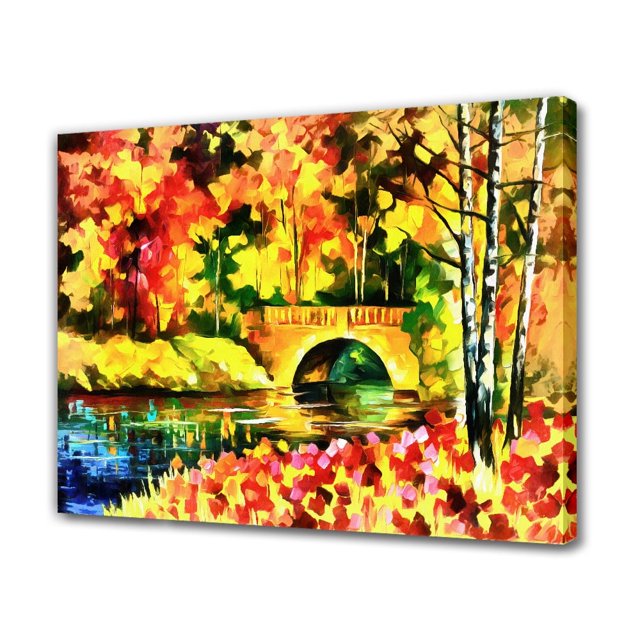 Cuadro de puente, hojas de otoño, agua, árboles, río, póster, pintura decorativa, lienzo, arte de pared, carteles para sala de estar, pintura para dormitorio, estilo marco, 20 x 30 cm