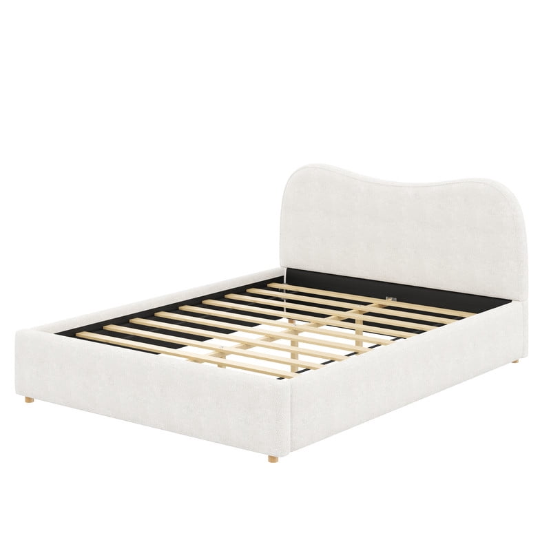 Queen Size Boucle Upholstered Platform Bed with Wooden Slats, Short Legs Low-Profile Bed Frame with Curved Headboard