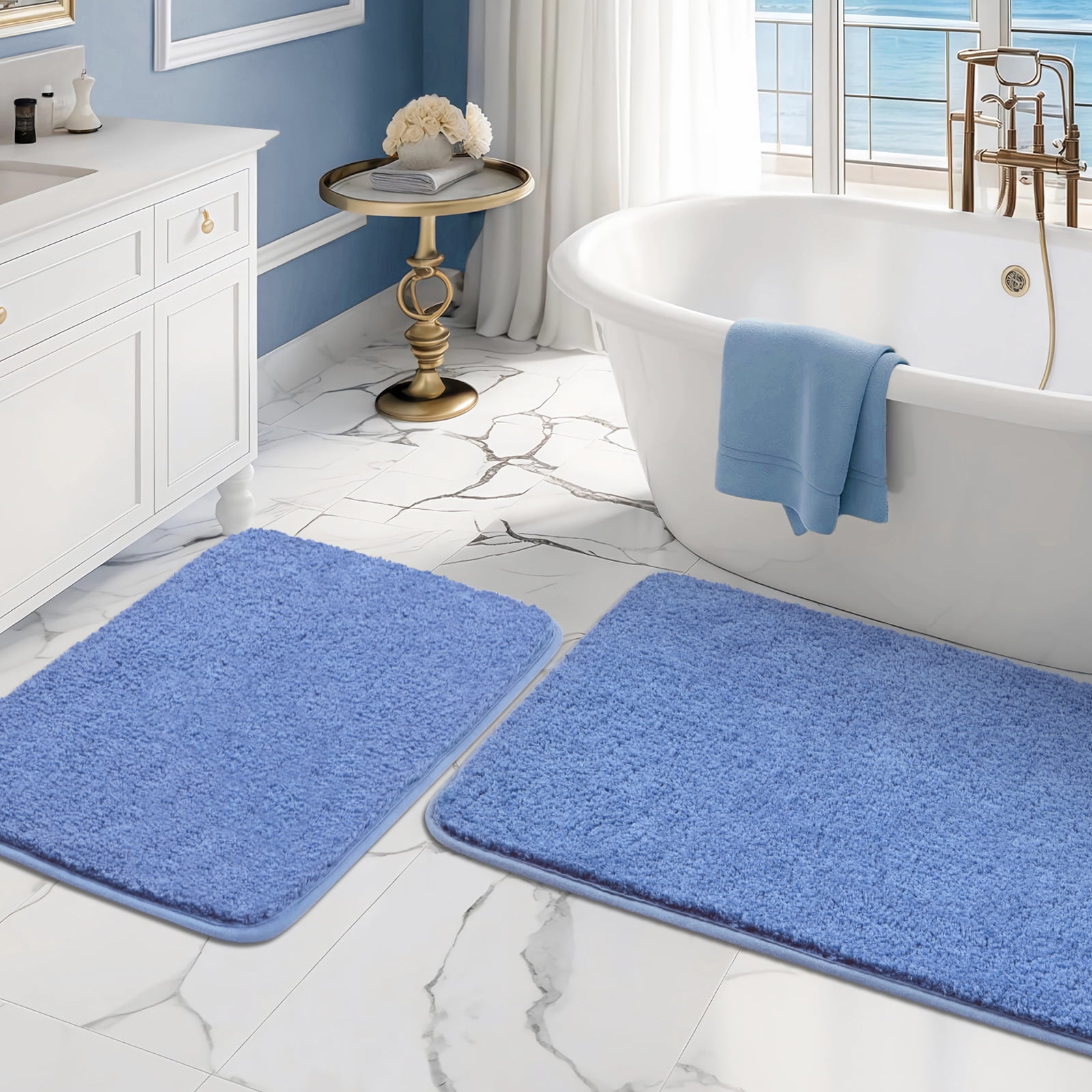 FRAMICS 15-Piece Ombre Blue Shower Curtain Sets with Rugs, Waterproof Fabric Striped Gradient Bathroom Sets, 72" x 72"