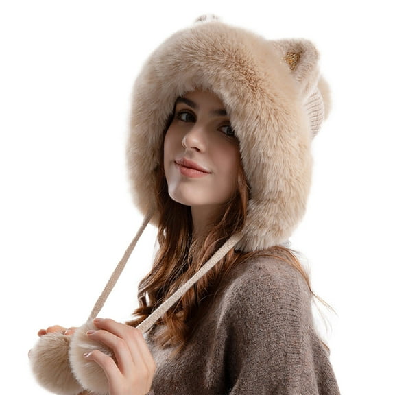 EnJoCho Unisex Windproof Fleece Beanie Cute Pullover Hat With Wool Thickening Hairball Solid Color Wool Knit Ear Protection Hat Men And Women Thermal Knit Beanie