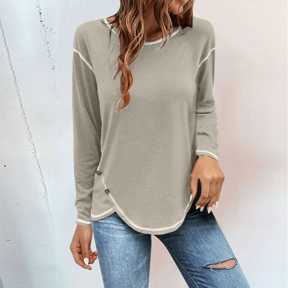Dyfzdhu Long Sleeve T Shirts for Women Casual Round Neck Loose Tunic T Shirt Blouse Tops Grey