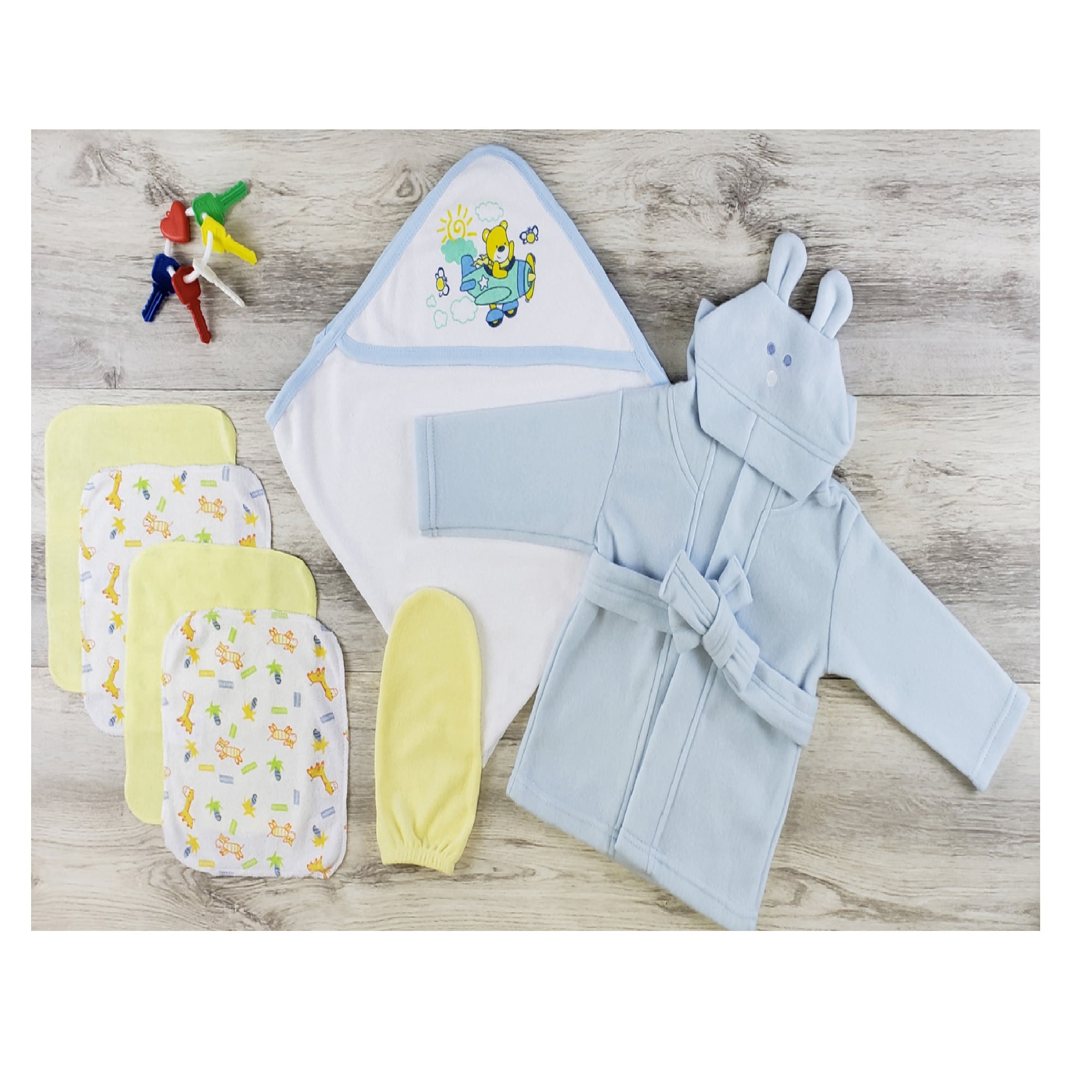 7-Piece Blue, Yellow, and White Newborn Essentials Bambini Hooded Towel, Wash Cloth, Mitten, and Robe, 8'