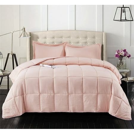 Light Pink Comforter Queen 3 Piece Pre washed All Season Goose Down Alternative Comforter Set-Quilted Comforter with Corner Tabs -Box Stitched -250GSM Fiberfill Shabby Chic Farmhouse Style Bedding(Full/Queen,Pink) ()
