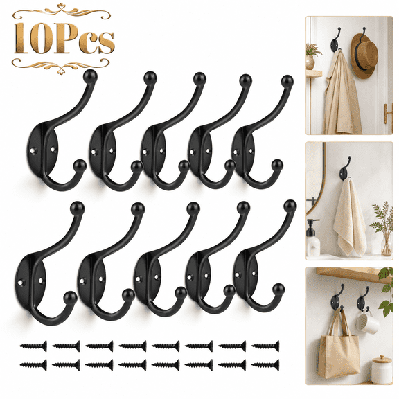 Wall Hooks,10Pcs Coat Hooks Hardware Towel Hooks for Hanging Coats Double No Rust Black Robe Hooks Wall Mounted with Screws for Key, Towel, Bags, Cup, Hat