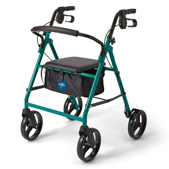Andador con ruedas Medline de acero para adultos con movilidad reducida, color verde, capacidad de peso de 159 kg, ruedas de 20 cm, plegable, asas ajustables, ideal para personas mayores.