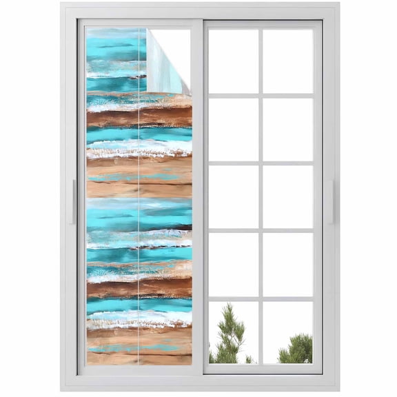 Vintage Wooden Window Privacy Film Board Abstract Blue Turquoise Wood Grain Decorative Glass Window Film UV Blocking Static Cling Non-Adhesive Sticker Covering for Home Door 17.7 x 78.7 inches
