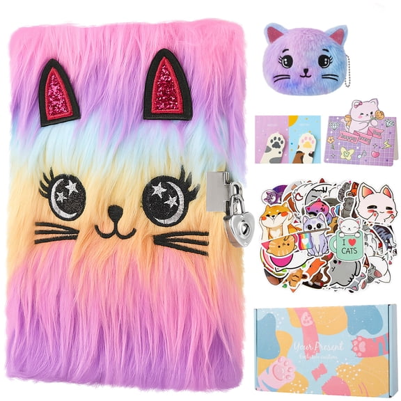 sixwipe Cat Diary with Lock and Keys for Girls, Plush Secret Journal with Purse, Greeting Card, Stickers and Notpads, Hardcover Fluffy Locking Notebook for Kids Girls Age 6  Writing and Drawing