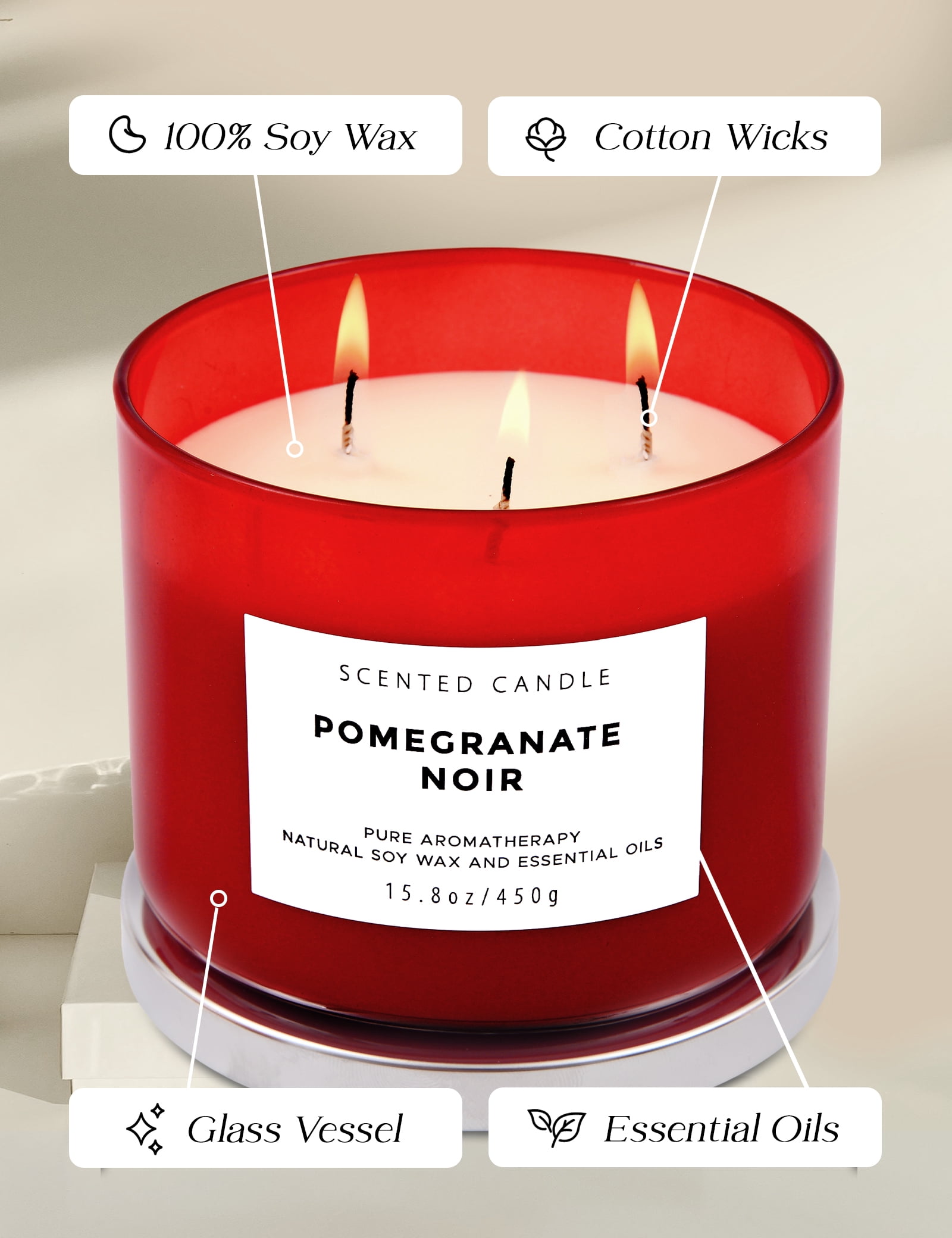 Pomegranate Noir Aromatherapy Candle 3 Wick Large Soy Scented Candles for Men and Women 15.8 Oz