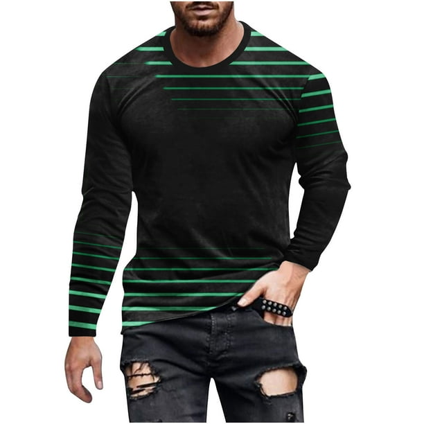 Blusas y camisas de manga larga con cuello redondo para hombre, blusa informal de manga larga con cuello redondo y estampado de rayas, blusa de poliéster para hombre