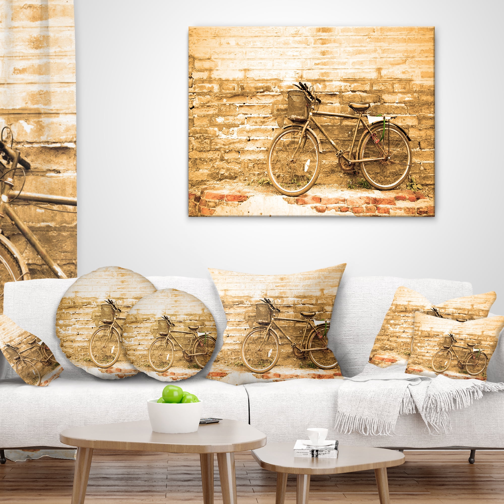 Designart Vintage Bicycle against Brown Wall - Landscape Printed Throw Pillow - 12x20