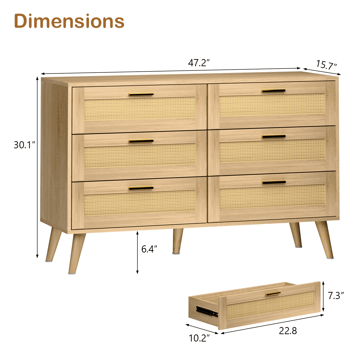 Waleaf 6 Drawer Dresser for Bedroom,Rattan Modern Closet Dressers Chest of Drawers,Beside Table for Entryway, Living Room, Hallway, Bedroom