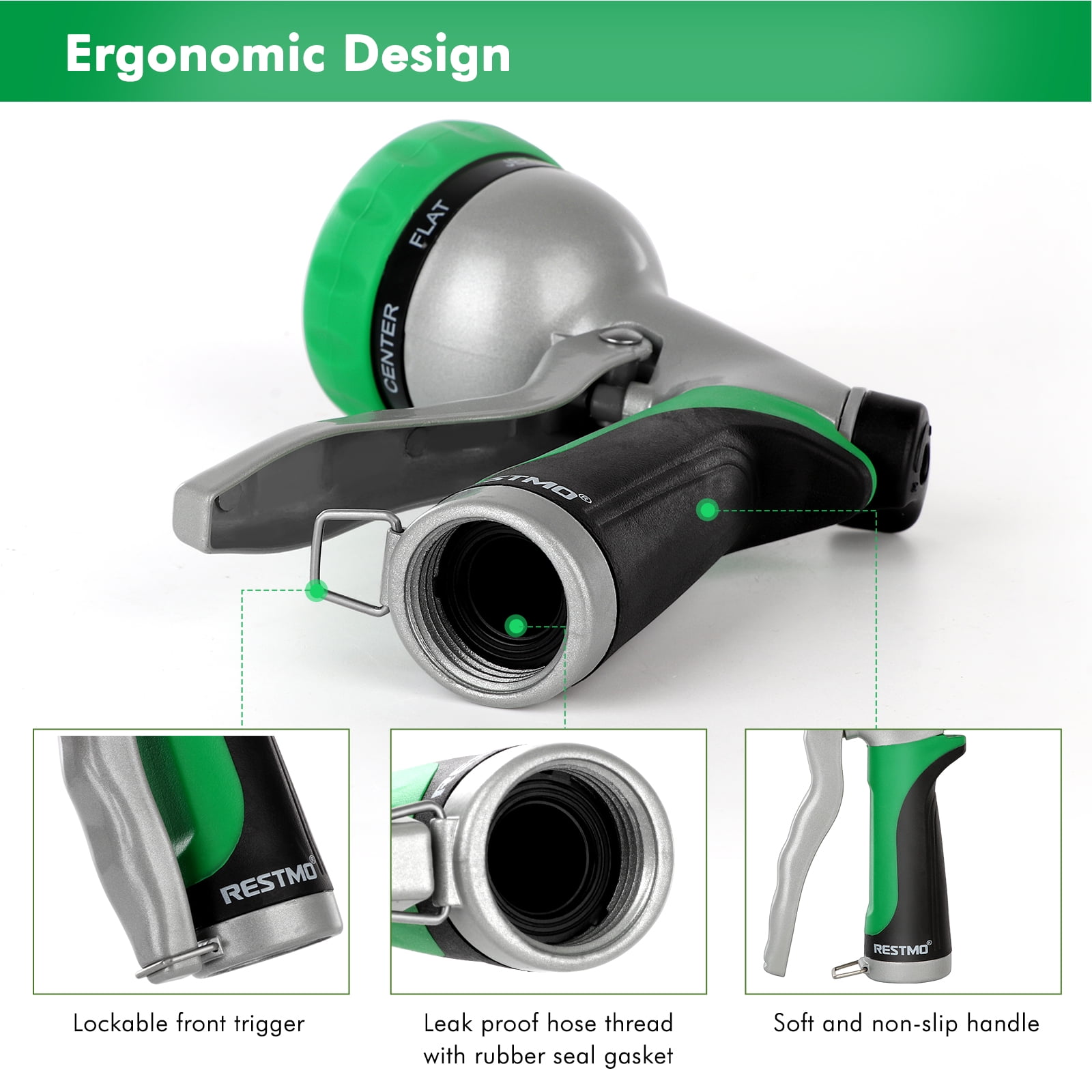 Restmo Garden Hose Nozzle, Heavy Duty Metal Water Hose Nozzle with 7 Adjustable Spray Patterns, High Pressure Hand Sprayer with Flow Control, Green