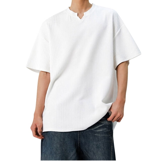 Men's Short Sleeve Shirts Casual Solid Color Vertical Texture Short Sleeved V-Neck Shirt
