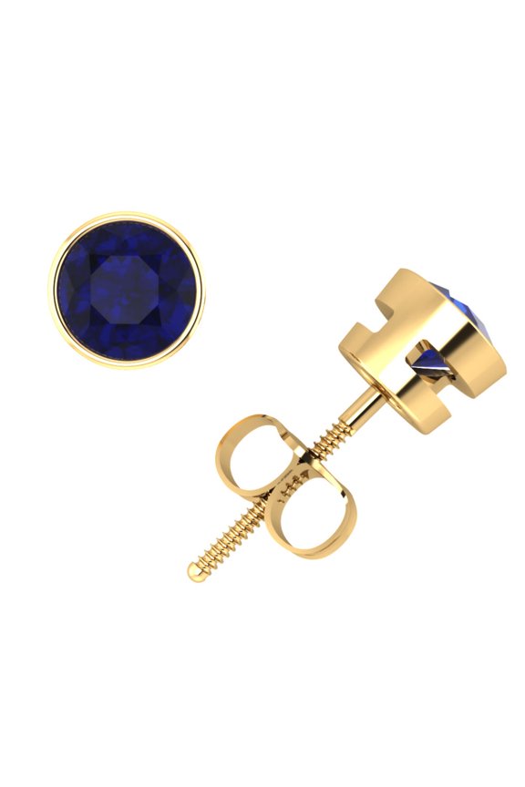 3/4Carat Round Cut Blue Sapphire Stud Earrings 14k Yellow Gold Bezel Setting AAA Quality
