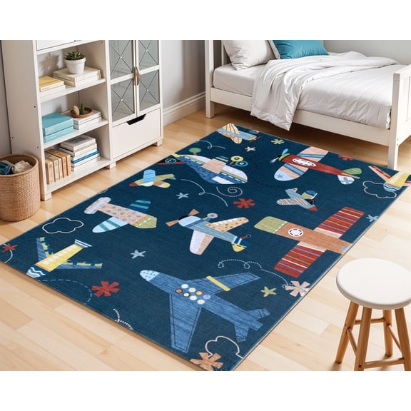 HomeRoots 569993 7 x 10 ft. Juvenile Airplanes Youthful Rectangle Area Rug, Red & Orange